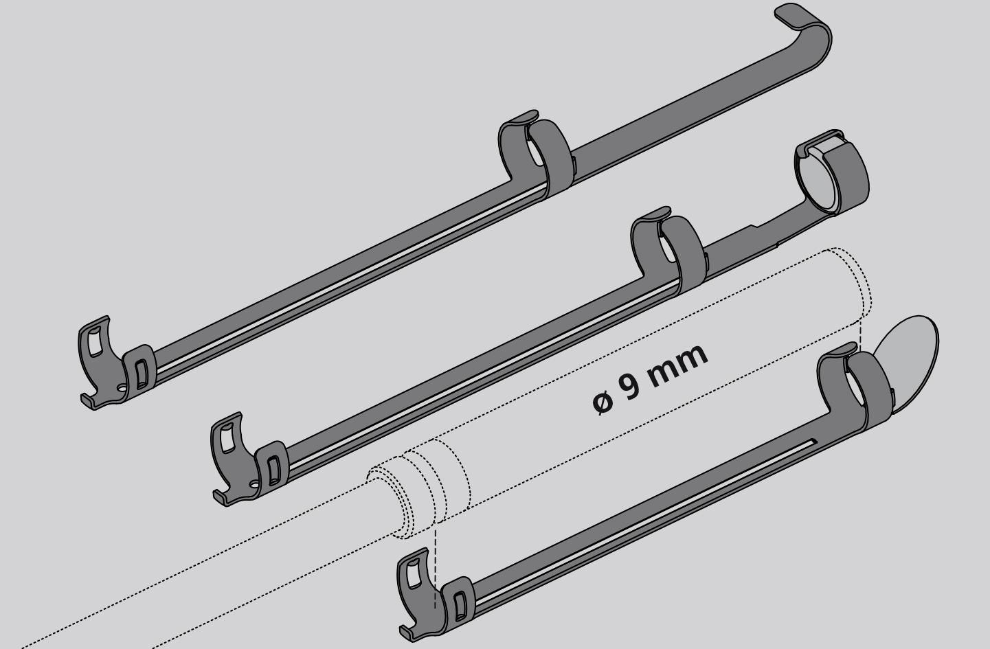 Abbildung zeigt drei Komponenten eines Befestigungssystems für einen 9 mm Rohrdurchmesser. Die Teile sind zum Verriegeln konzipiert.