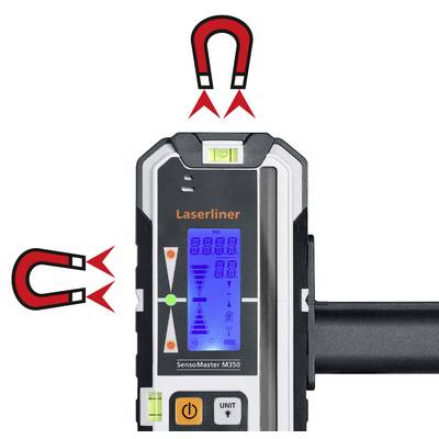 Elektronischer Winkelmesser 'Laserliner SensoMaster M350', zeigt digitalen Winkel auf blauem Display. Magnetische Befestigung möglich.
