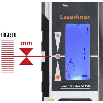 Ein Laserentfernungsmesser zeigt eine Messung von 7 mm auf einem digitalen Bildschirm an. Links Referenzmarkierung in Rot.