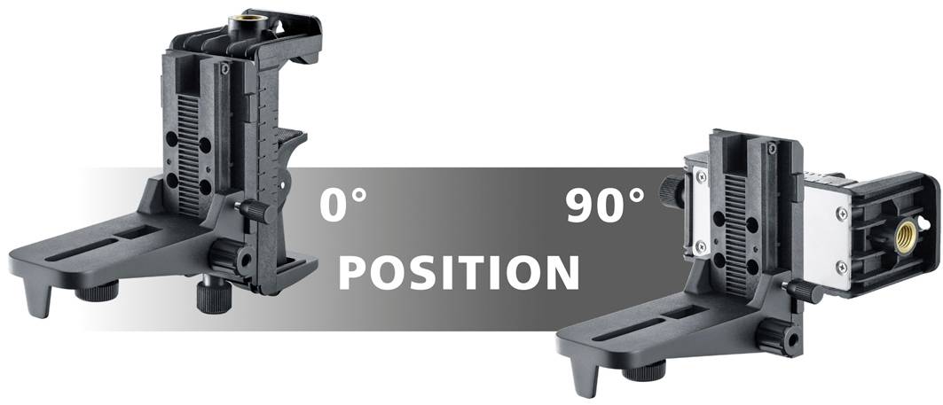 'Position' Halterung, verstellbar zwischen 0° und 90°. Zwei Ansichten: Links Halterung bei 0°, rechts bei 90°. Mechanisch verstellbar.