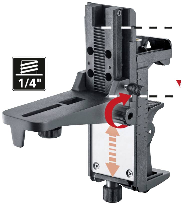 'Stativadapter mit 1/4 Zoll Gewinde. Zeigt Pfeile zur Drehung und Höhenverstellung. Enthält Führungsschiene zur Anpassung.'