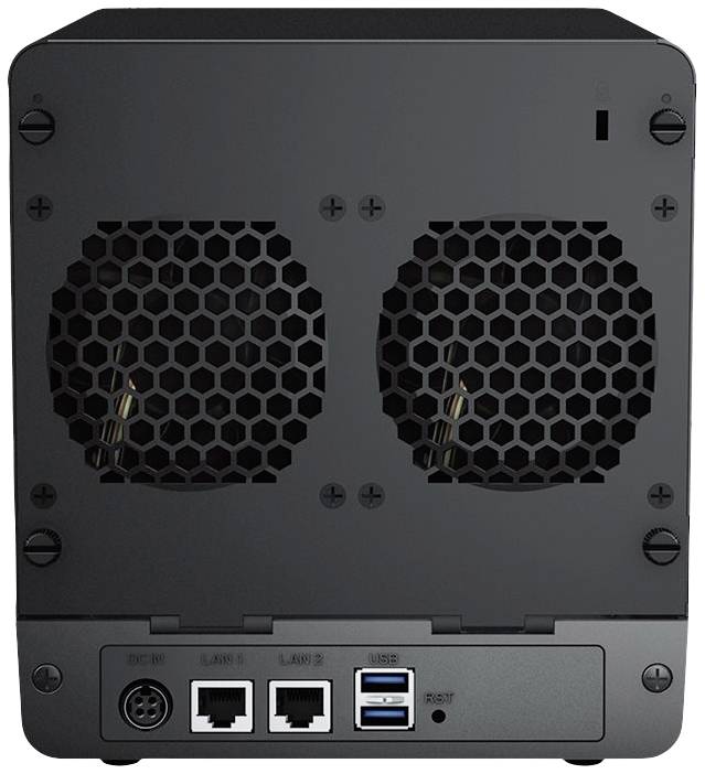 Rückansicht eines schwarzen Netzwerkspeichers mit zwei Lüftern, zwei LAN-Anschlüssen, zwei USB-Ports und Netzanschluss.