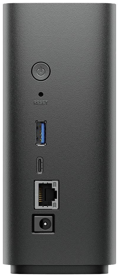 Rückseite eines schwarzen NAS-Geräts mit Anschlüssen: USB, Ethernet und Stromanschluss, sowie Reset- und Netzschalter.