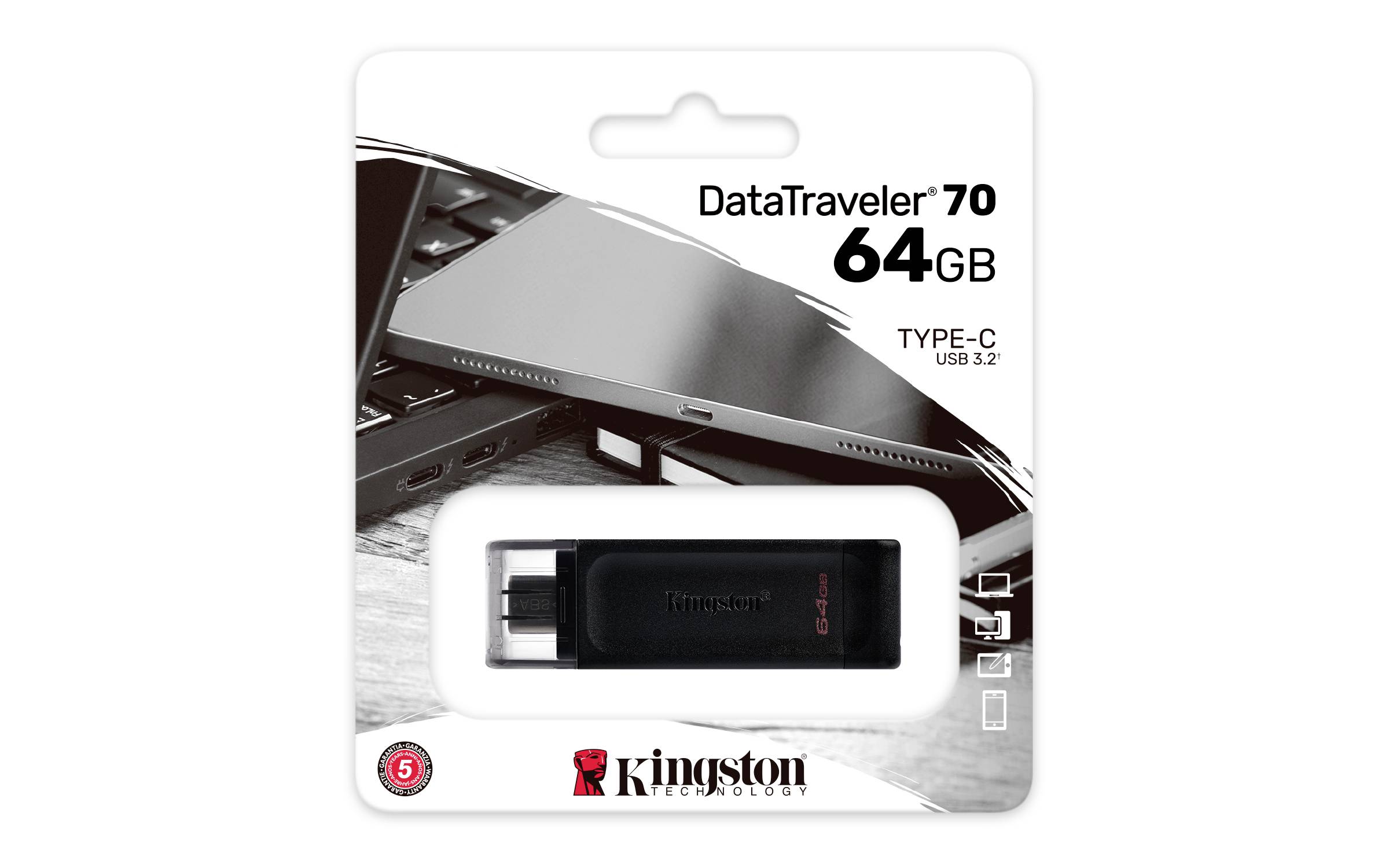 Verpackung eines Kingston DataTraveler 70 USB-Sticks mit 64GB Speicher. Typ: USB-C, USB 3.2. Produktabbildung und Logos sichtbar.