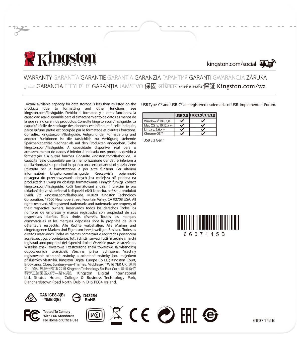 Rückseite einer Kingston-Verpackung mit Garantiebestimmungen in mehreren Sprachen, USB- und Speicherhinweisen sowie technischen Daten.