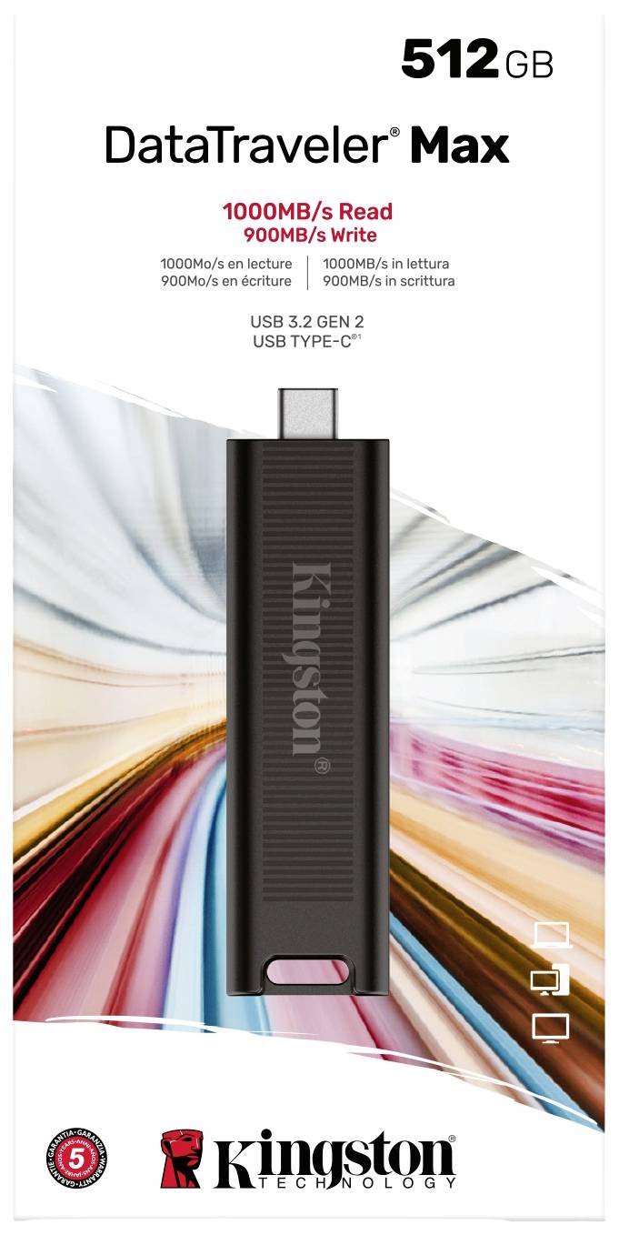 USB-Stick Kingston DataTraveler Max mit 512GB. Schreibgeschwindigkeit: 900MB/s, Lesegeschwindigkeit: 1000MB/s. Anschlüsse: USB 3.2 Gen 2, Typ-C.