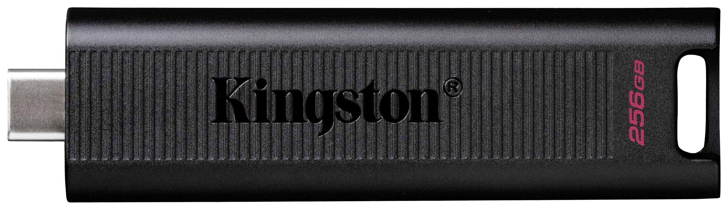 Schwarzer USB-Stick von Kingston mit einem USB-C-Anschluss und einer Kapazität von 256 GB.