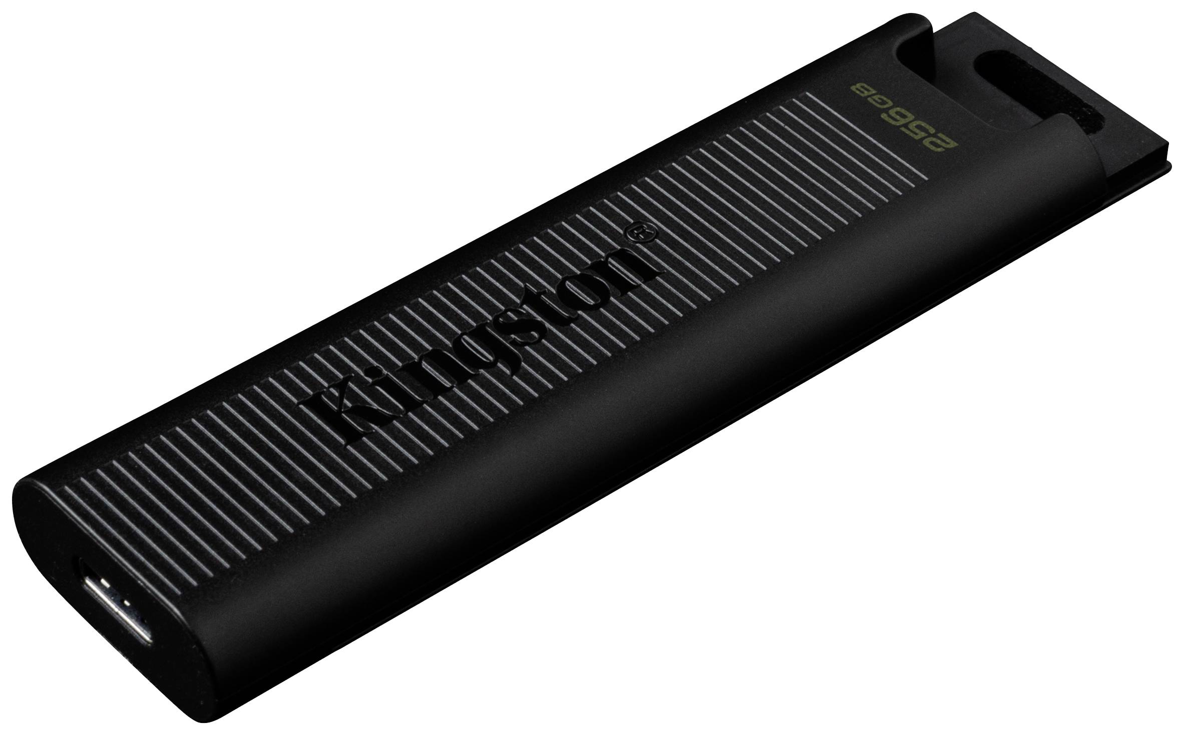 Ein schwarzer USB-Stick mit der Aufschrift 'Kingston' und einer Kapazität von 256 GB.