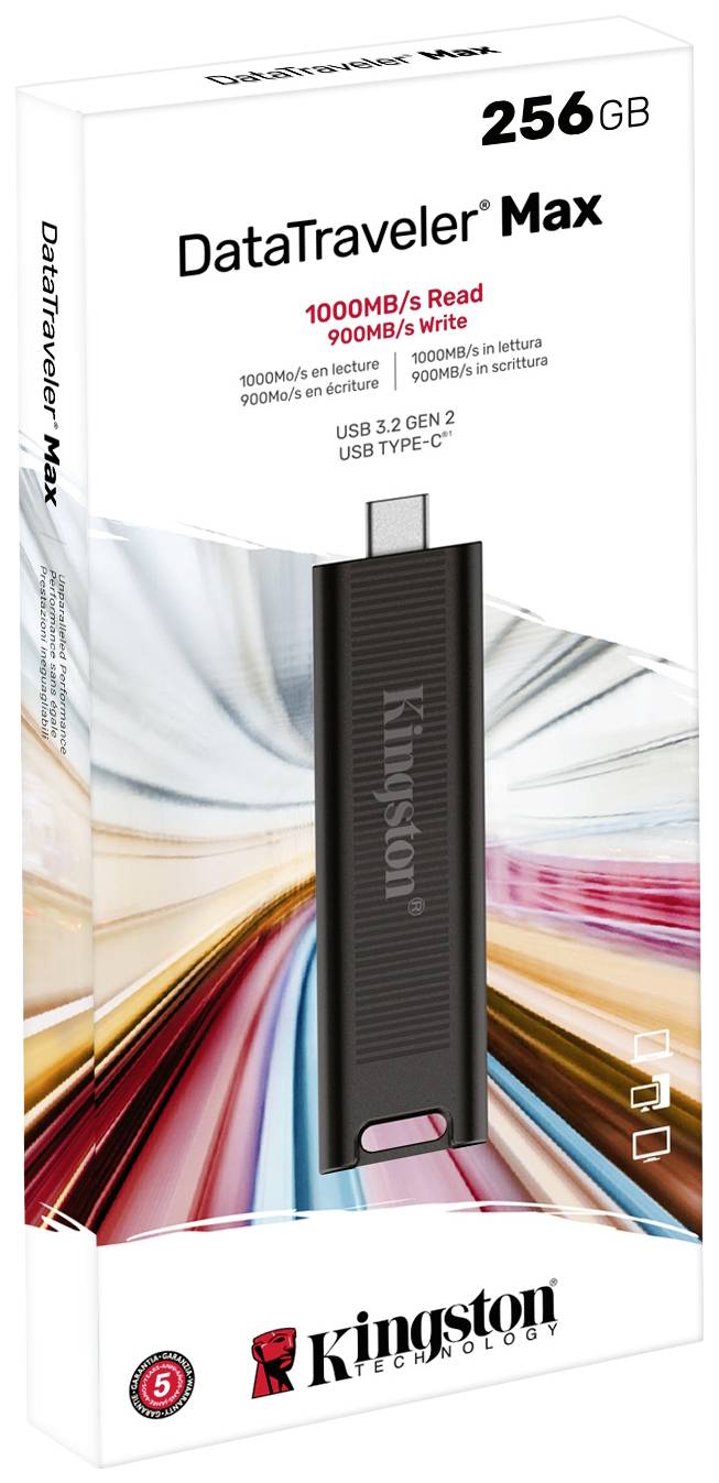 Externe SSD Kingston DataTraveler Max mit 256 GB Speicherkapazität, USB 3.2, Lesegeschwindigkeit 1000 MB/s, Schreibgeschwindigkeit 900 MB/s. Verpackung zeigt Produktbild.