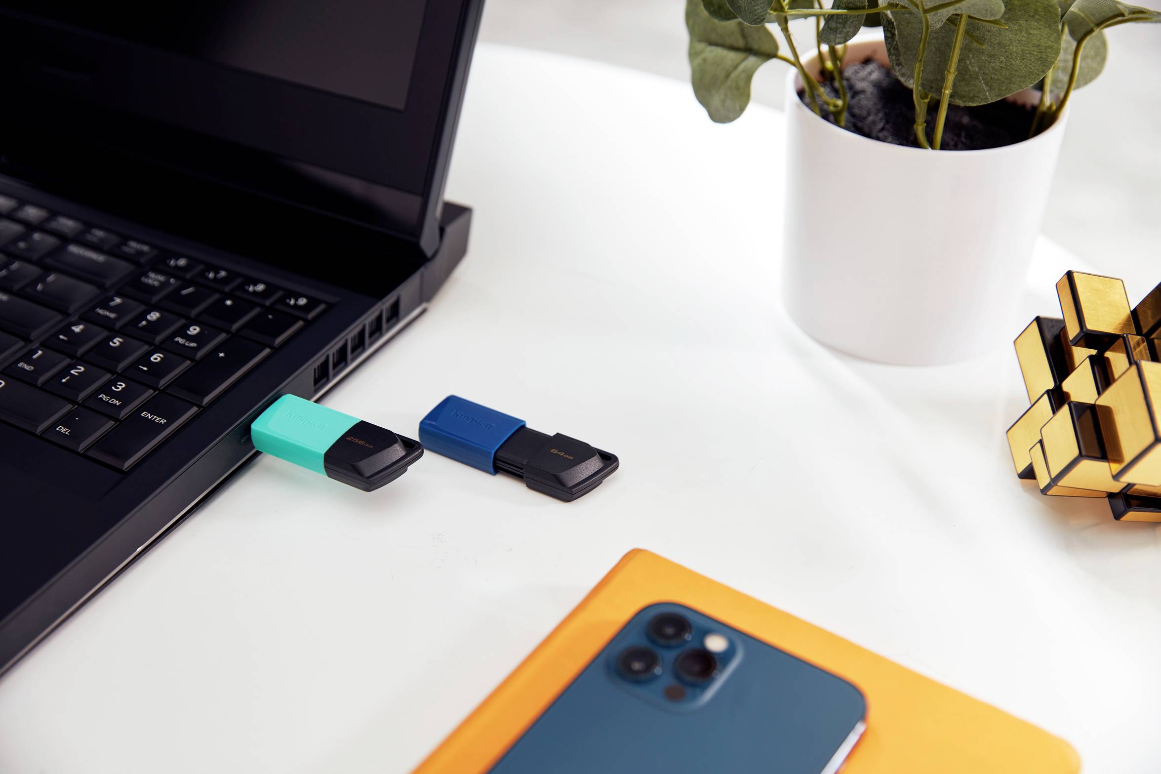 Ein Laptop mit zwei eingesteckten USB-Sticks steht auf einem Tisch. Daneben liegen ein Smartphone, ein Notizbuch und eine Pflanze.