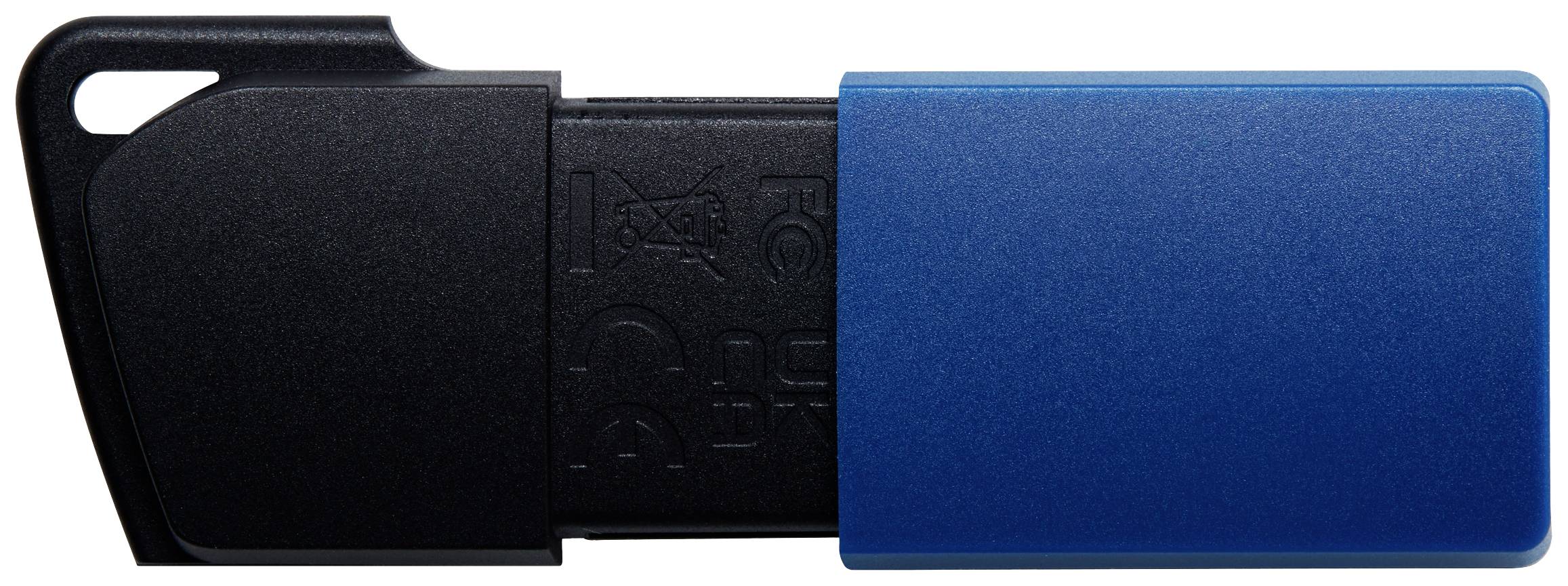 Ein USB-Stick mit schwarzem Gehäuse und blauer Kappe.