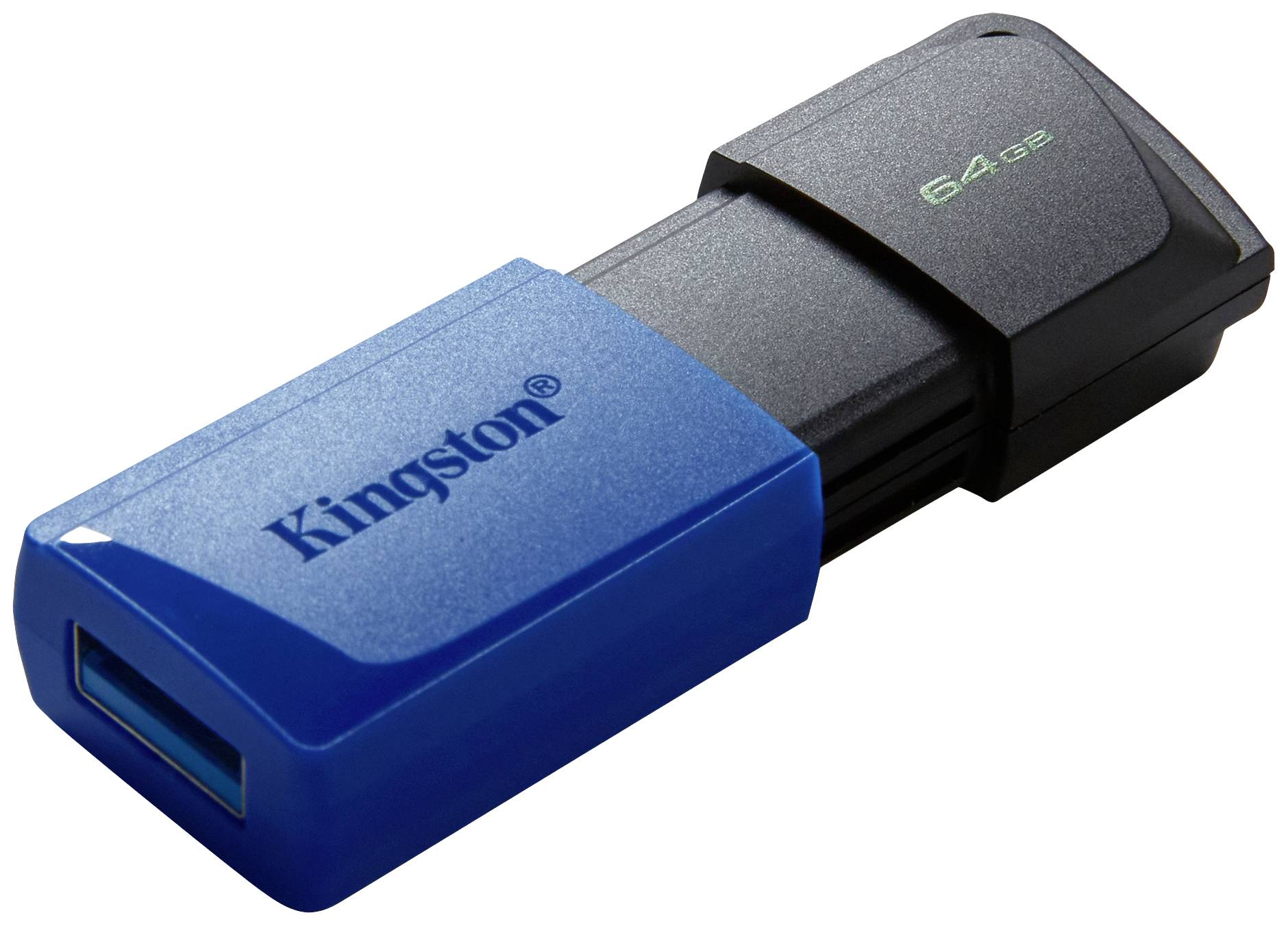 USB-Stick mit blauem Gehäuse und schwarzem Schiebemechanismus, Kapazität 64 GB, Marke 'Kingston'.