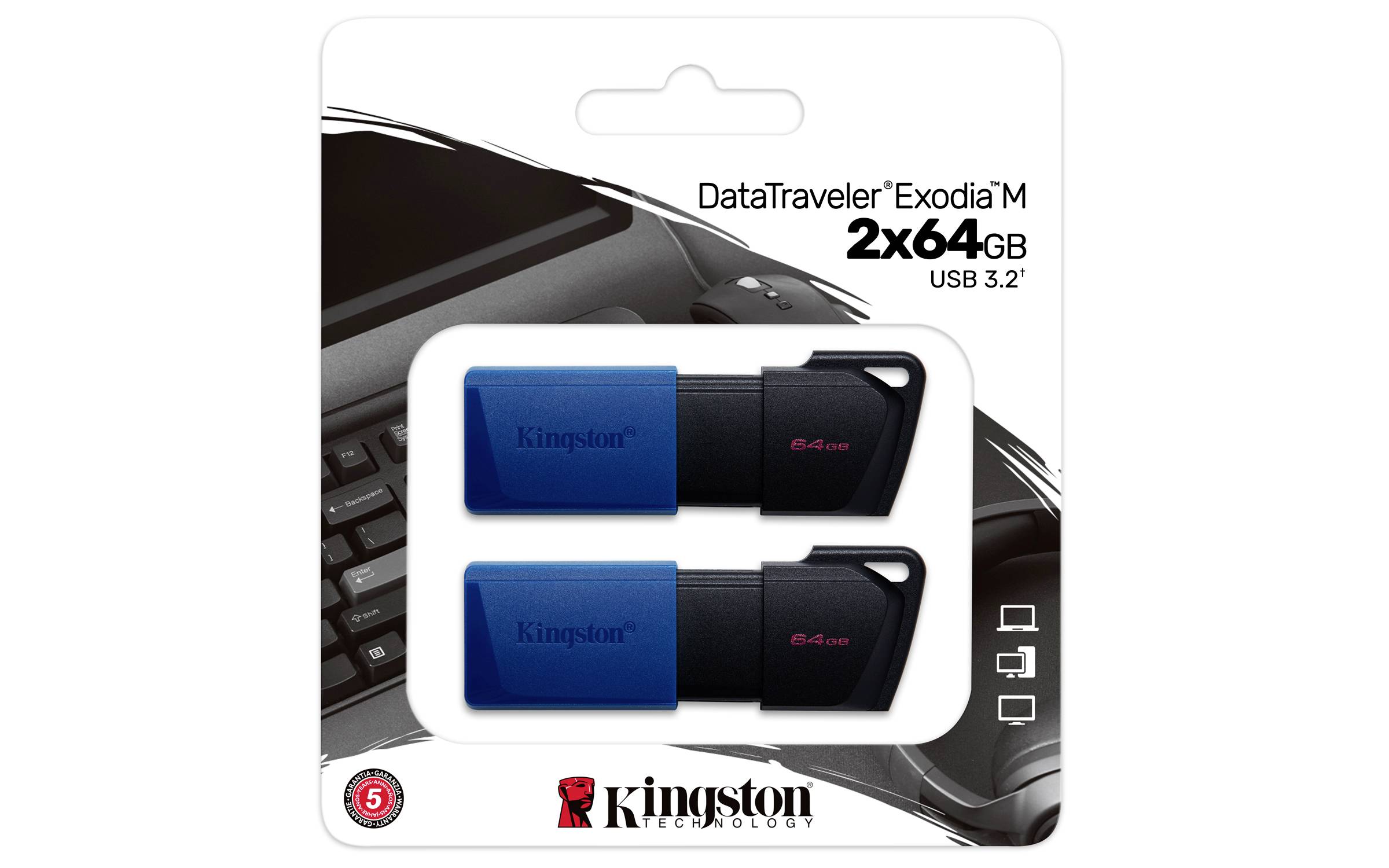 Eine Verpackung mit zwei blauen USB-Sticks 'Kingston DataTraveler Exodia M', je 64 GB, USB 3.2. Abbildung einer Tastatur im Hintergrund.
