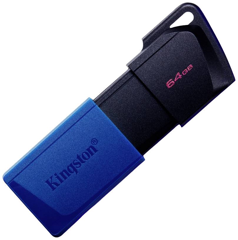 Ein blauer und schwarzer USB-Stick von Kingston mit einer Kapazität von 64 GB.