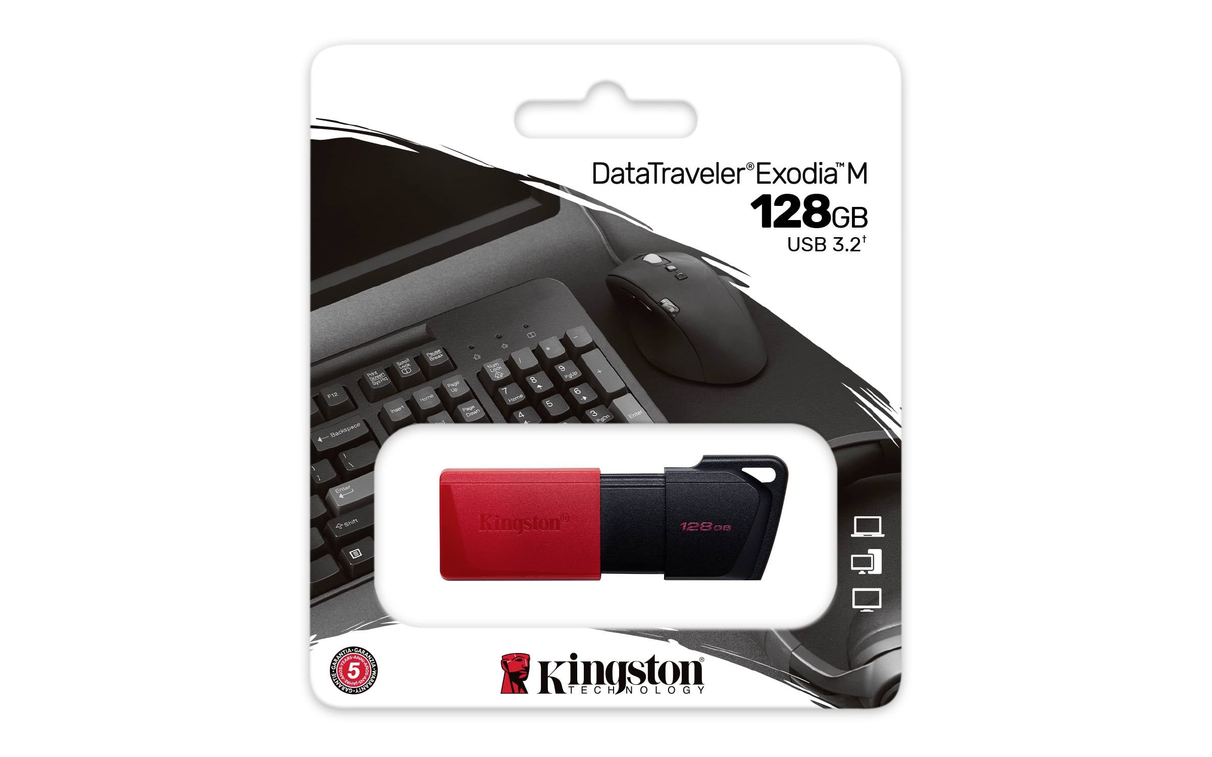 USB-Stick Kingston DataTraveler Exodia M, 128GB, USB 3.2, in Verpackung vor Tastatur und Maus abgebildet.