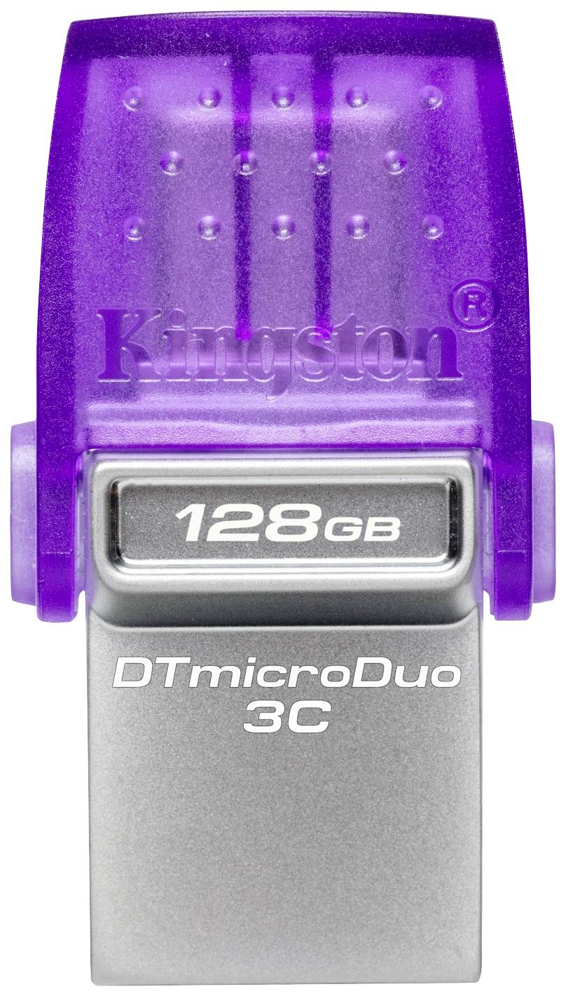 'Lila USB-Stick der Marke Kingston mit 128GB Speicherplatz. Modellname: DTmicroDuo 3C.'