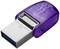 Lila USB-Stick mit silbernem Anschluss, Aufschrift 'Kingston' und '256GB'.