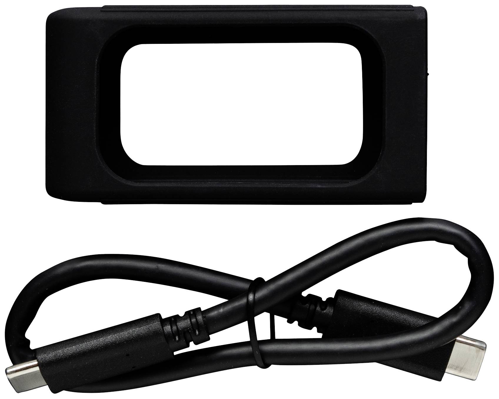 Ein schwarzes Silikongehäuse mit rechteckiger Öffnung, darunter ein zusammengerolltes USB-C-Kabel.