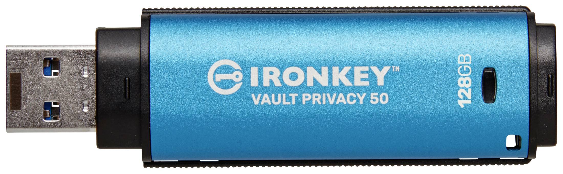 Ein blau-schwarzer USB-Stick mit der Aufschrift 'IronKey Vault Privacy 50' und '128GB', ausgelegt für digitale Datenspeicherung und Sicherheit.