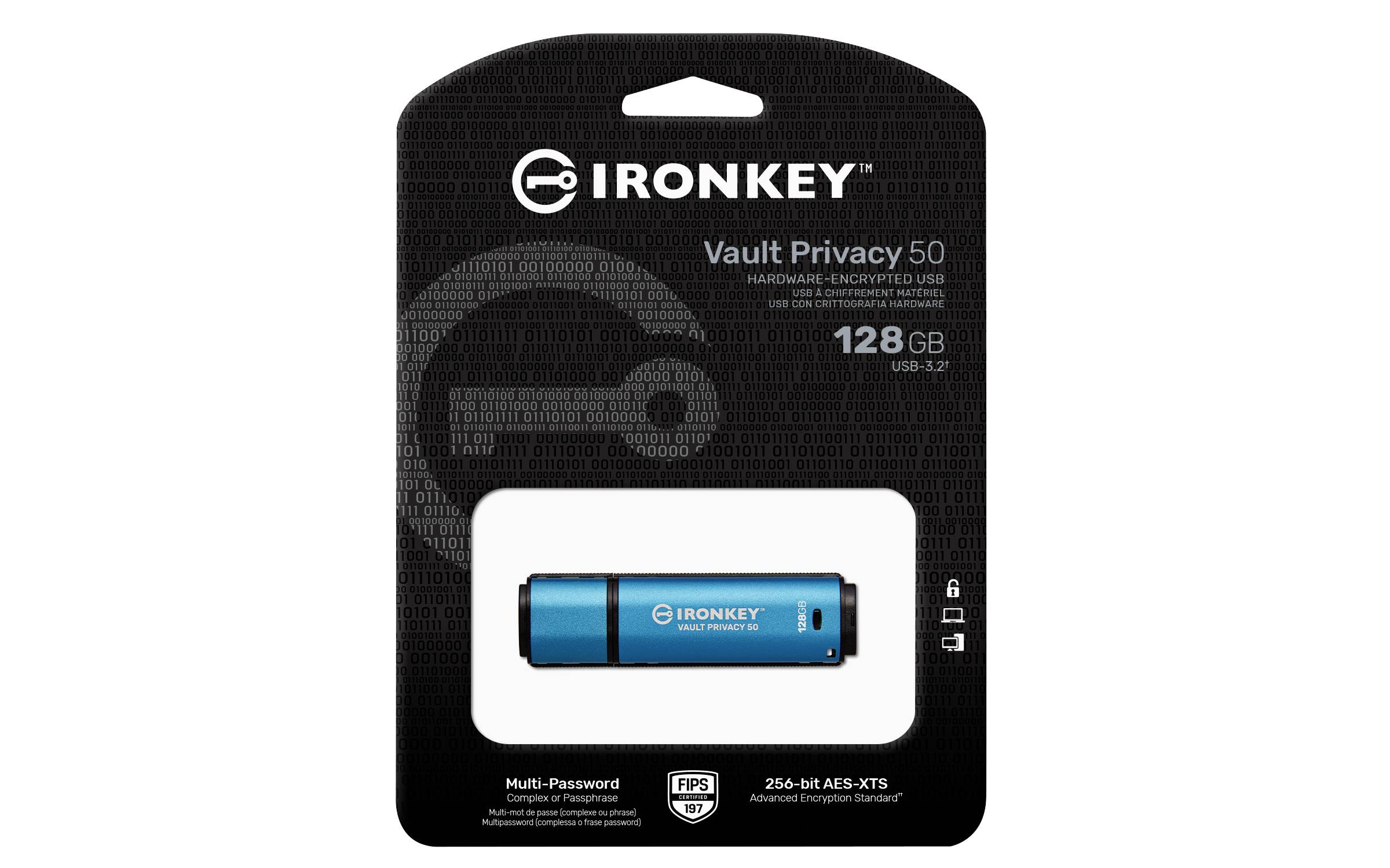 'IronKey Vault Privacy 50' USB-Stick, 128 GB, in Verpackung. Hardwareverschlüsselung, mit Multi-Passwort-Schutz und AES-256-Bit-Verschlüsselung.