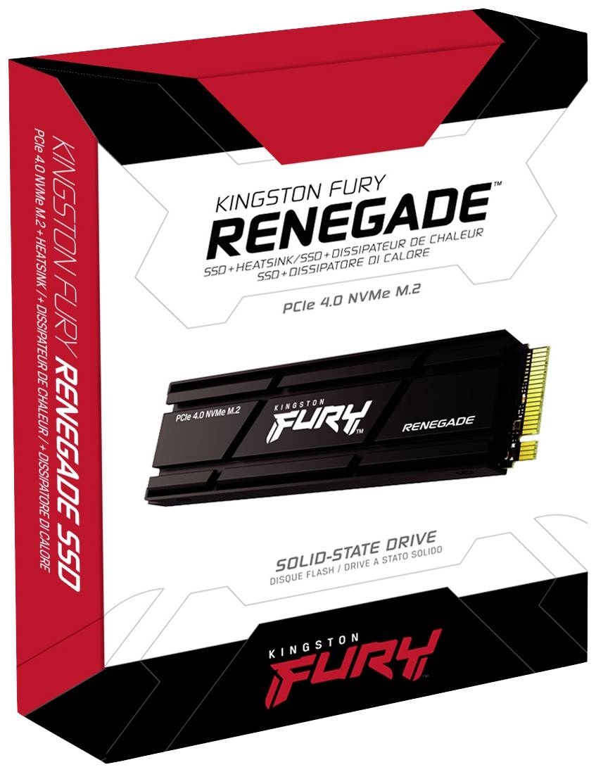 Kingston Fury Renegade SSD Verpackung mit Abbildung der SSD. Text zeigt 'PCIe 4.0 NVMe M.2' und 'Solid-State Drive'.