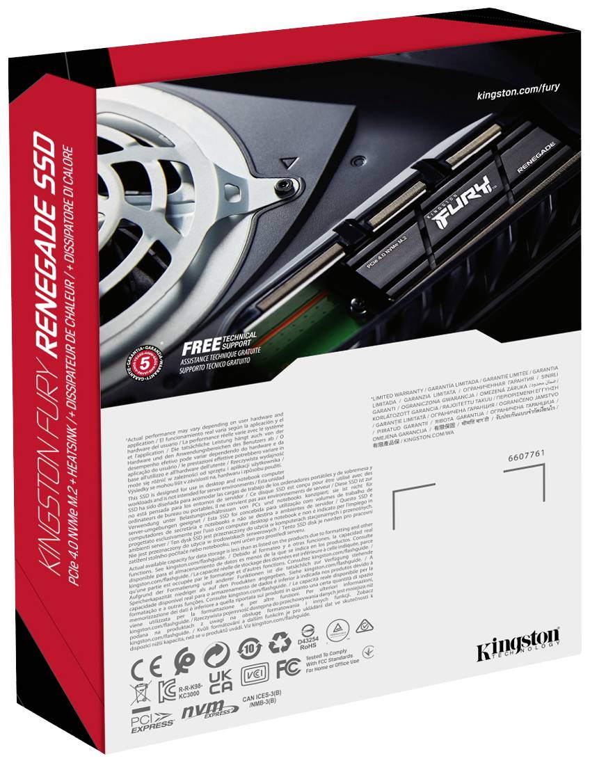 'Kingston Fury Renegade SSD' Verpackung mit Produktabbildung, technischen Logos und Garantiehinweis. Die SSD ist ein Hochgeschwindigkeitsspeicher.