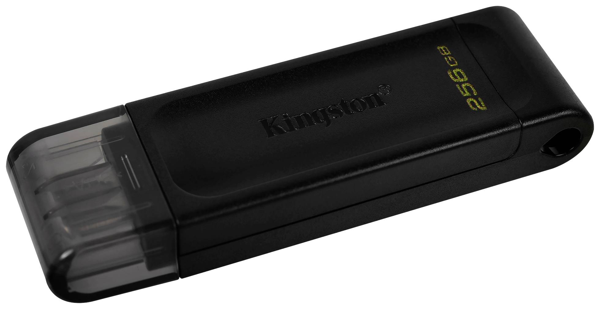 Ein schwarzer USB-Stick mit der Aufschrift '256 GB' und einer durchsichtigen Kappe, geeignet zur Datenspeicherung und -übertragung.