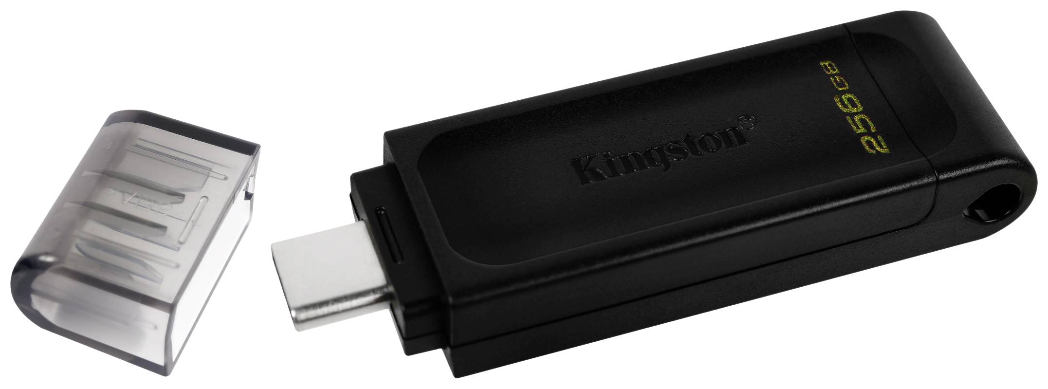 Ein schwarzer USB-Stick mit abgenommenem Deckel. Auf dem Stick steht '256 GB'. Er hat einen USB-C-Anschluss.