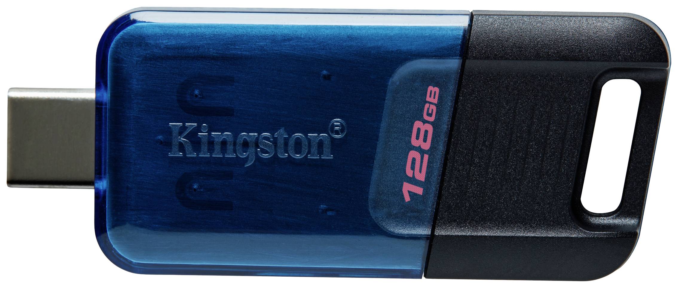 Ein blauer USB-Stick mit schwarzer Kappe und der Aufschrift '128 GB'. Geeignet zum Speichern und Übertragen von Daten.