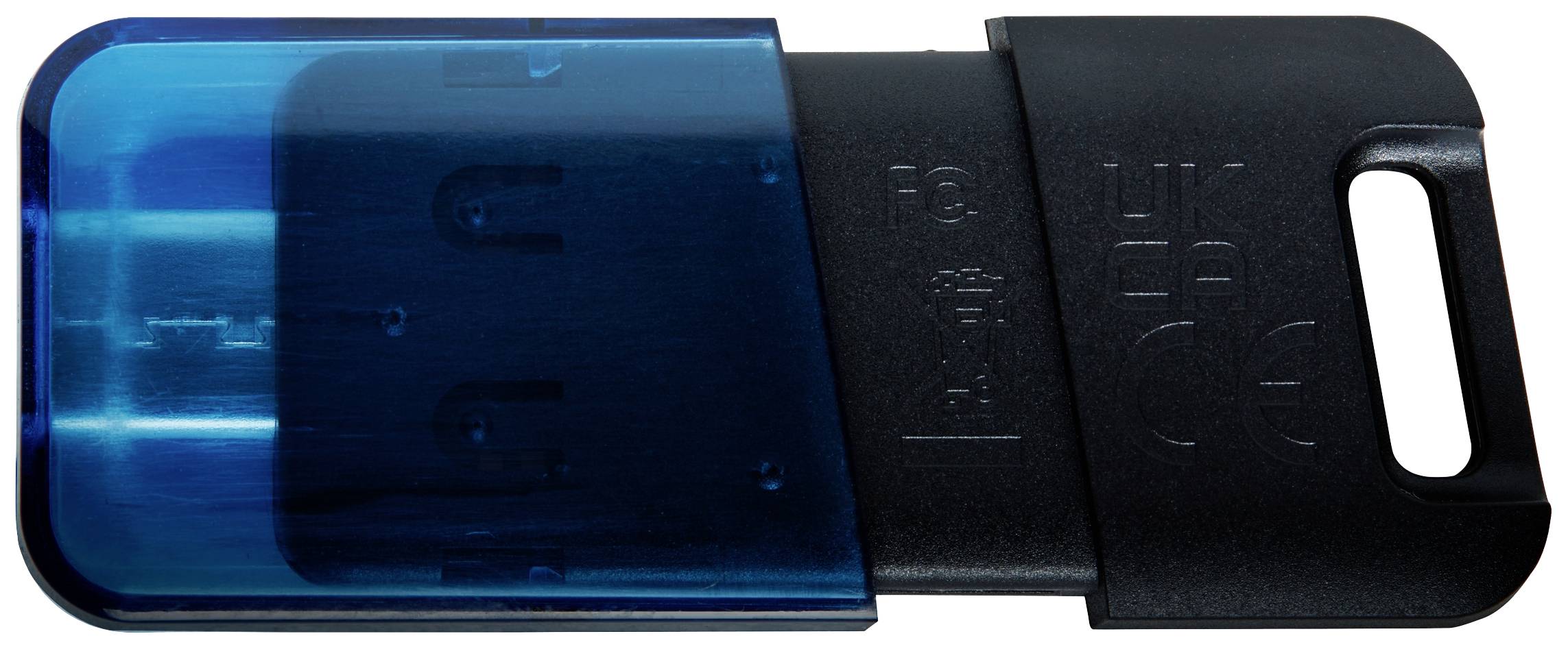 Ein schwarzer USB-Stick mit einer transparenten blauen Kappe. Die Kappe ist teilweise entfernt, so dass der Stecker sichtbar ist.