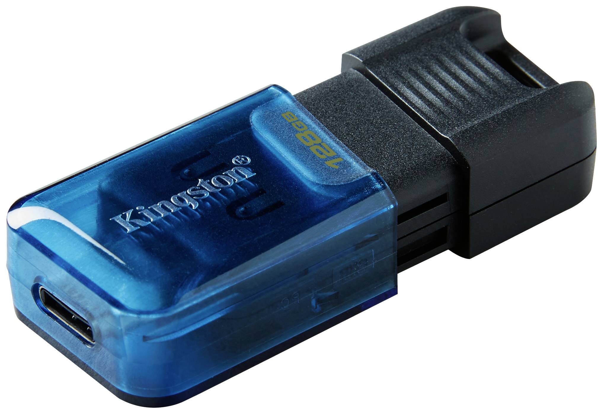 Ein blauer USB-Stick mit schwarzem Anschluss, Markenname 'Kingston', Kapazität: 128 GB, liegt auf einer weißen Fläche.