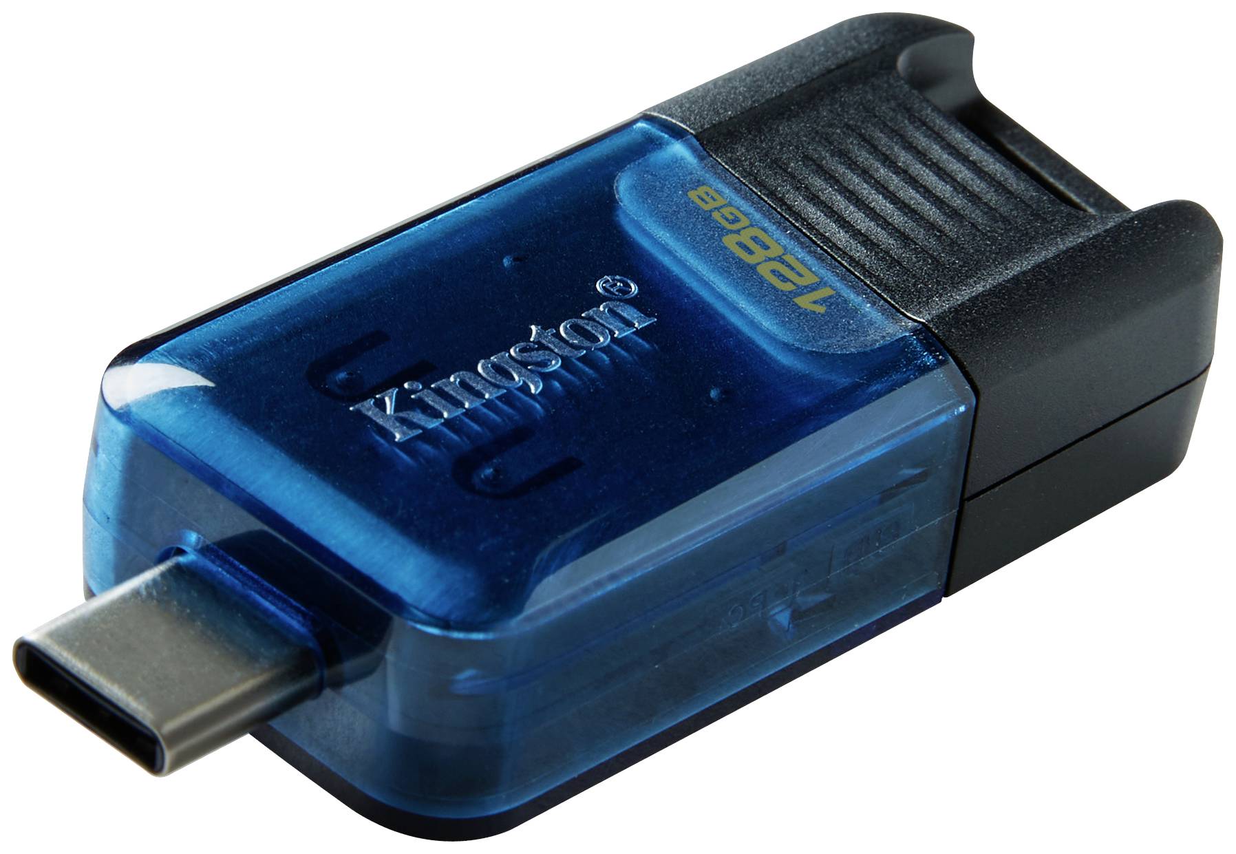 Ein blauer USB-C-Stick mit der Aufschrift '128 GB Kingston', geeignet für Datenübertragung und Speichererweiterung.