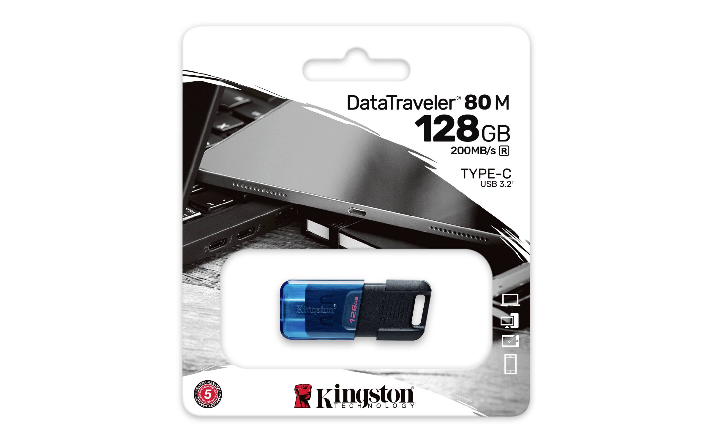 'Kingston DataTraveler 80M 128 GB USB 3.2 Typ-C Speicherstick in Verpackung, geeignet für Laptops und andere USB-C Geräte, Lesegeschwindigkeit bis zu 200 MB/s.'
