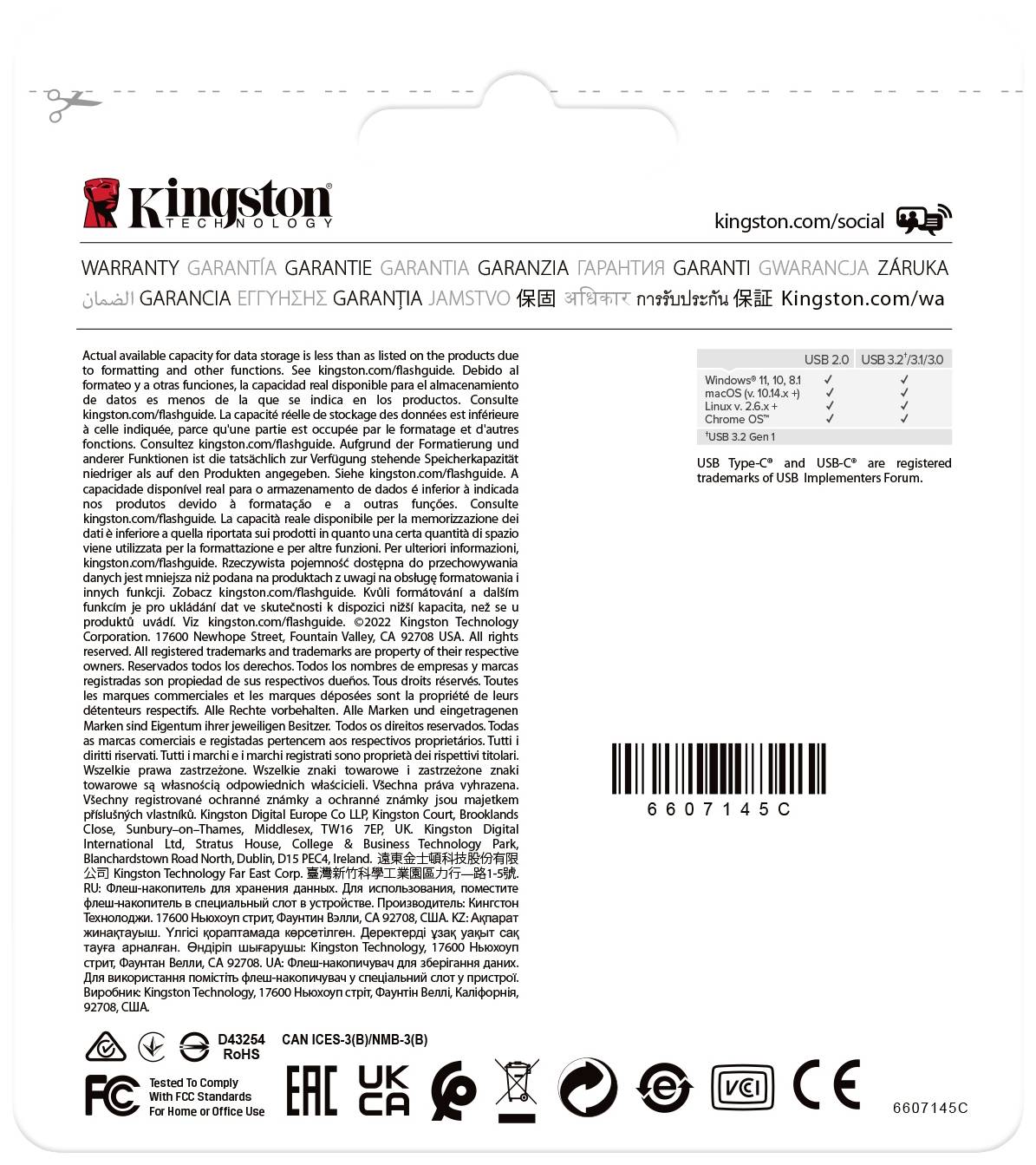'Kingston'-Verpackungsrückseite mit Garantieinformationen in verschiedenen Sprachen und technischen Spezifikationen unten.