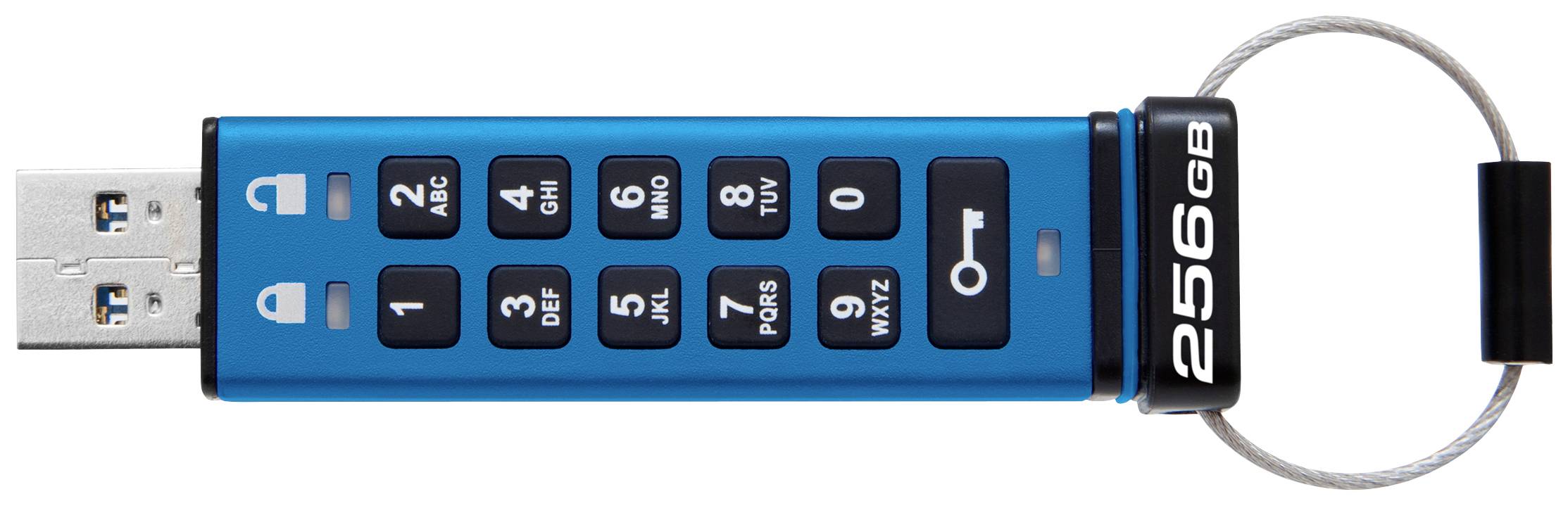 Ein blauer USB-Stick mit Zifferntasten und einer Kapazität von 256 GB, der an einem Schlüsselring befestigt ist.