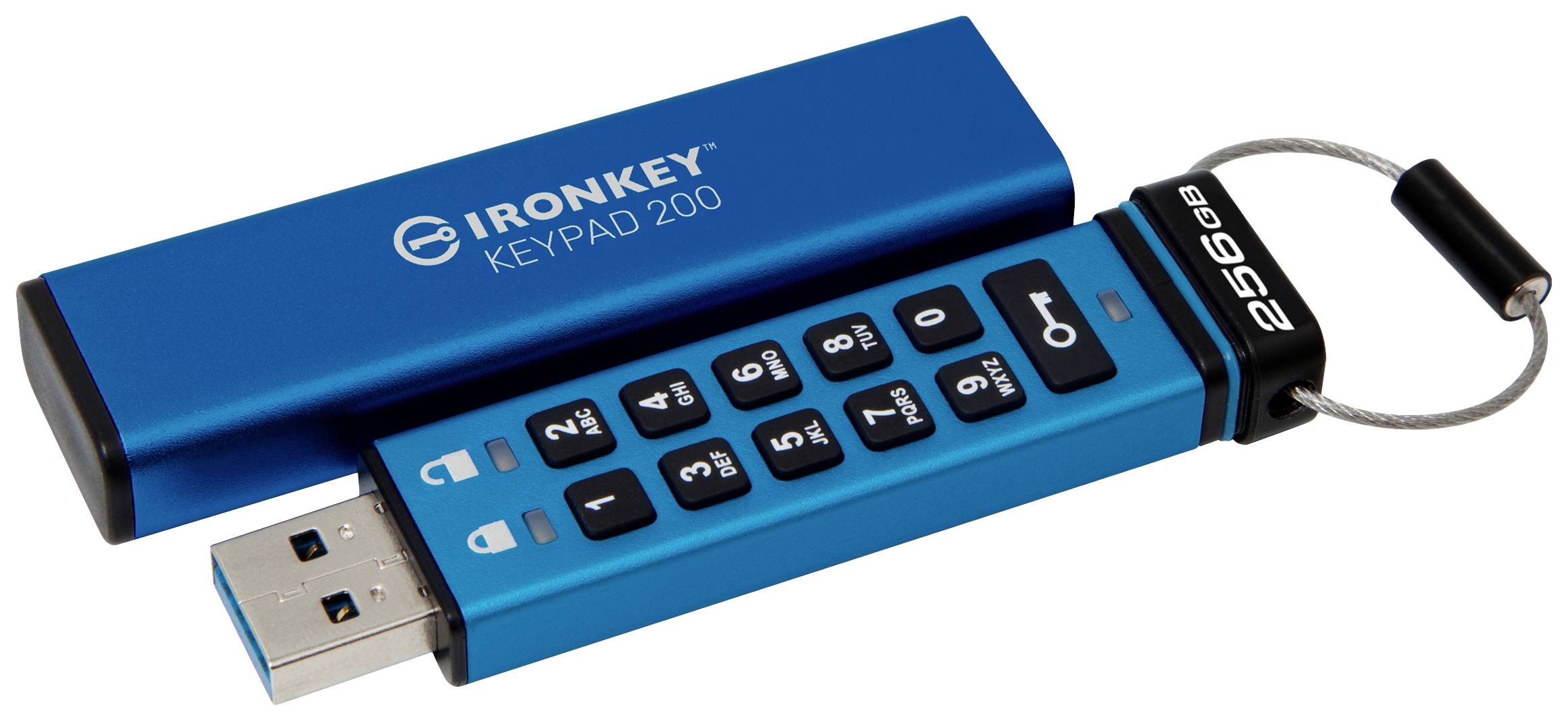 Ein blauer USB-Stick mit physischer Tasten-PIN-Eingabe zur Datensicherung. Markiert mit 'IronKey Keypad 200' und '256 GB'.
