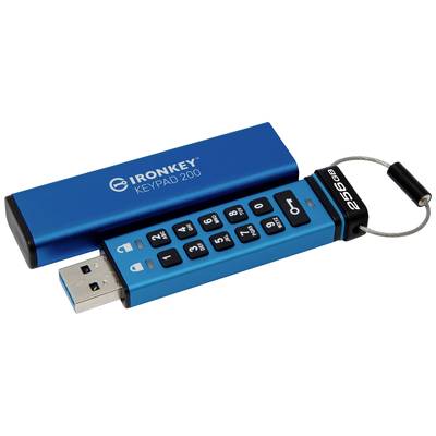 Ein blauer USB-Stick mit physischer Tasten-PIN-Eingabe zur Datensicherung. Markiert mit 'IronKey Keypad 200' und '256 GB'.
