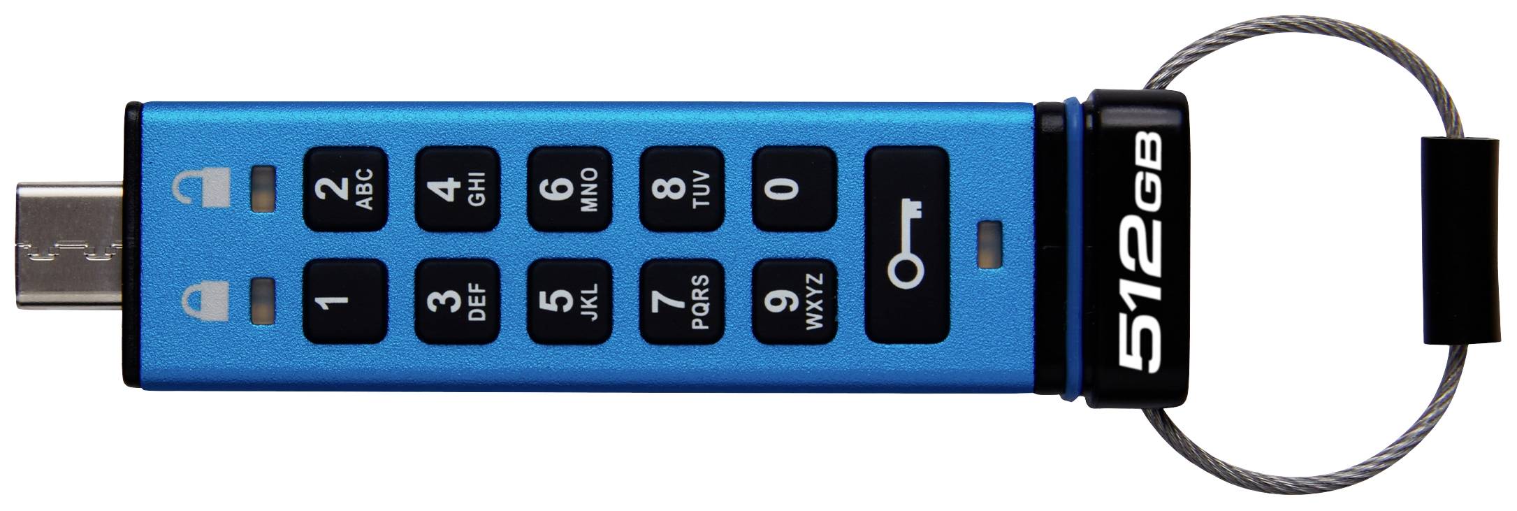 Ein blauer USB-Speicherstick mit Zahlenfeld und Tasten zur Eingabe. Kapazität: 512 GB. Integriertes Zahlenschloss zur Datensicherung.