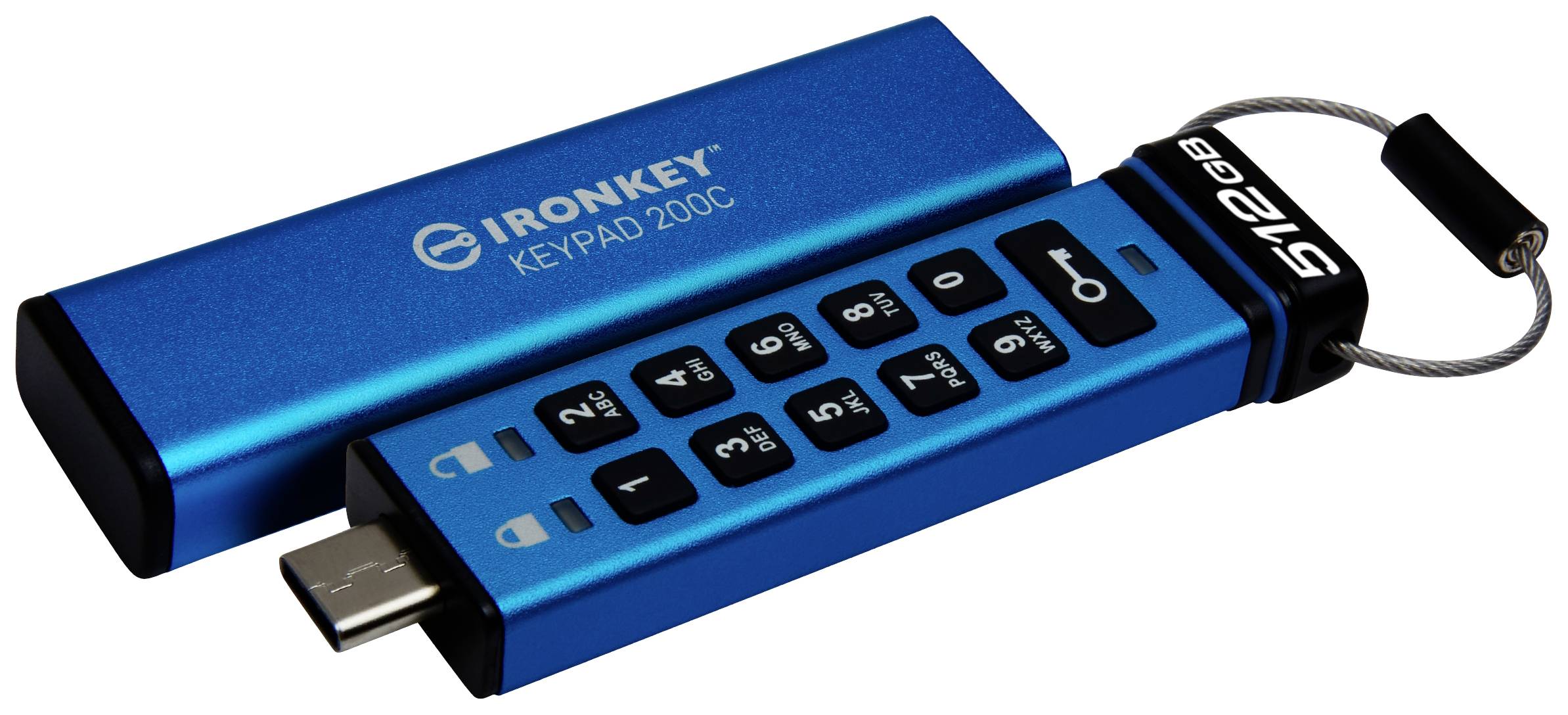 Ein blauer USB-Stick mit Zahlentasten zur Eingabe eines Sicherheitscodes. Der Stick hat eine Speicherkapazität von 512 GB.