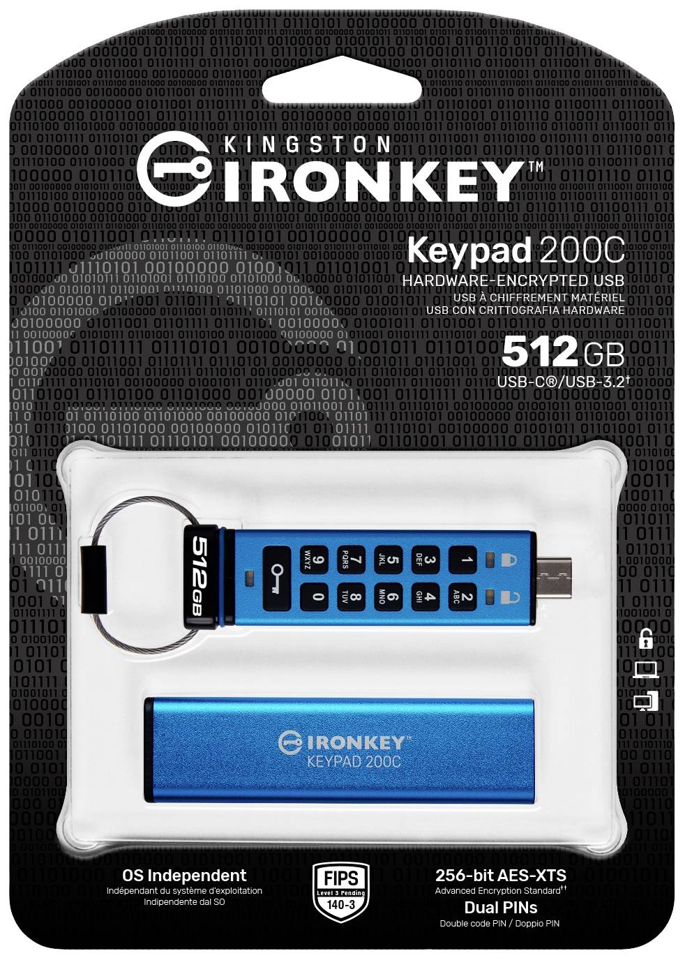 Kingston IronKey Keypad 200C USB-Stick mit 512 GB und Hardware-Verschlüsselung. Blaue Tastatur mit Tasten für PIN-Eingabe.