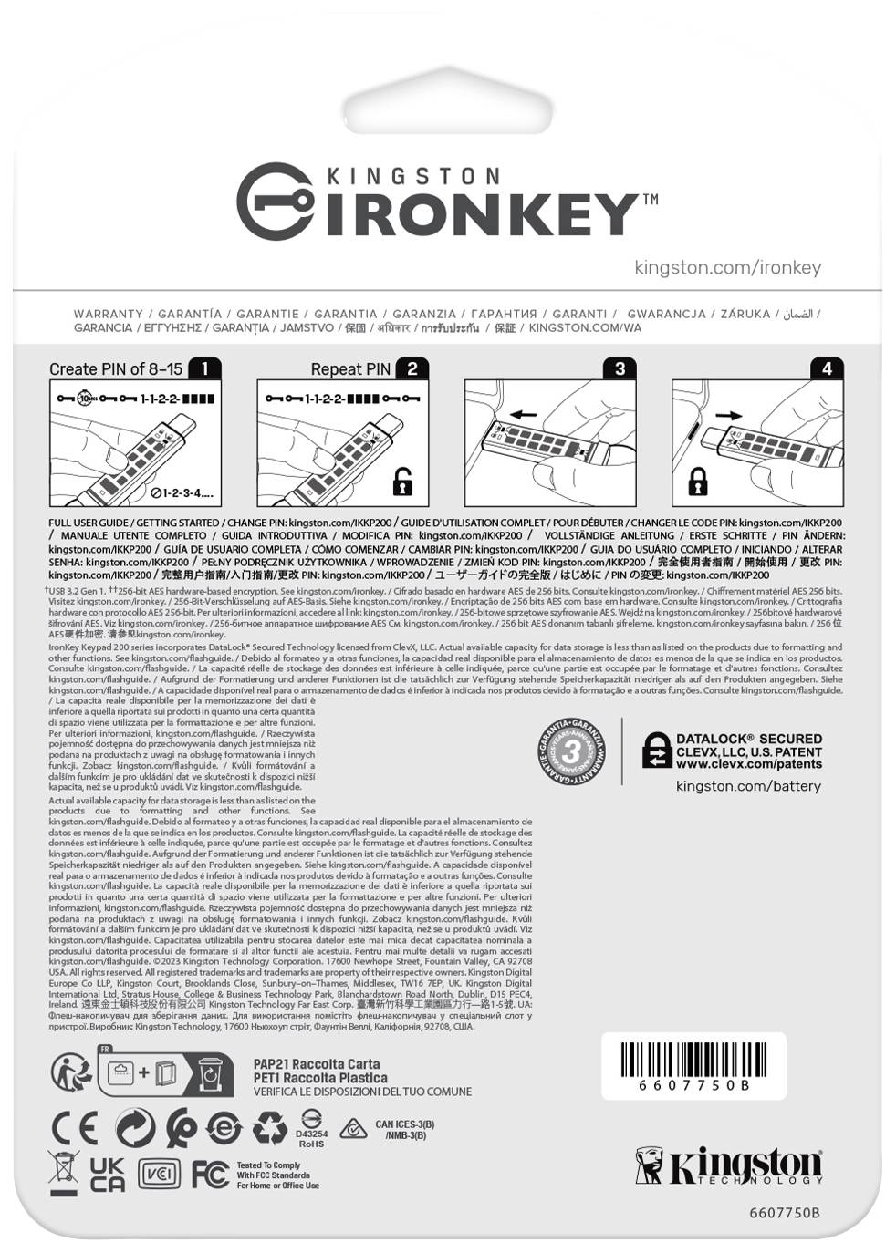 Rückseite einer Kingston IronKey Verpackung mit Anweisungen zur PIN-Erstellung und Symboldarstellungen für Gebrauchsanleitung und Sicherheitsmerkmale.