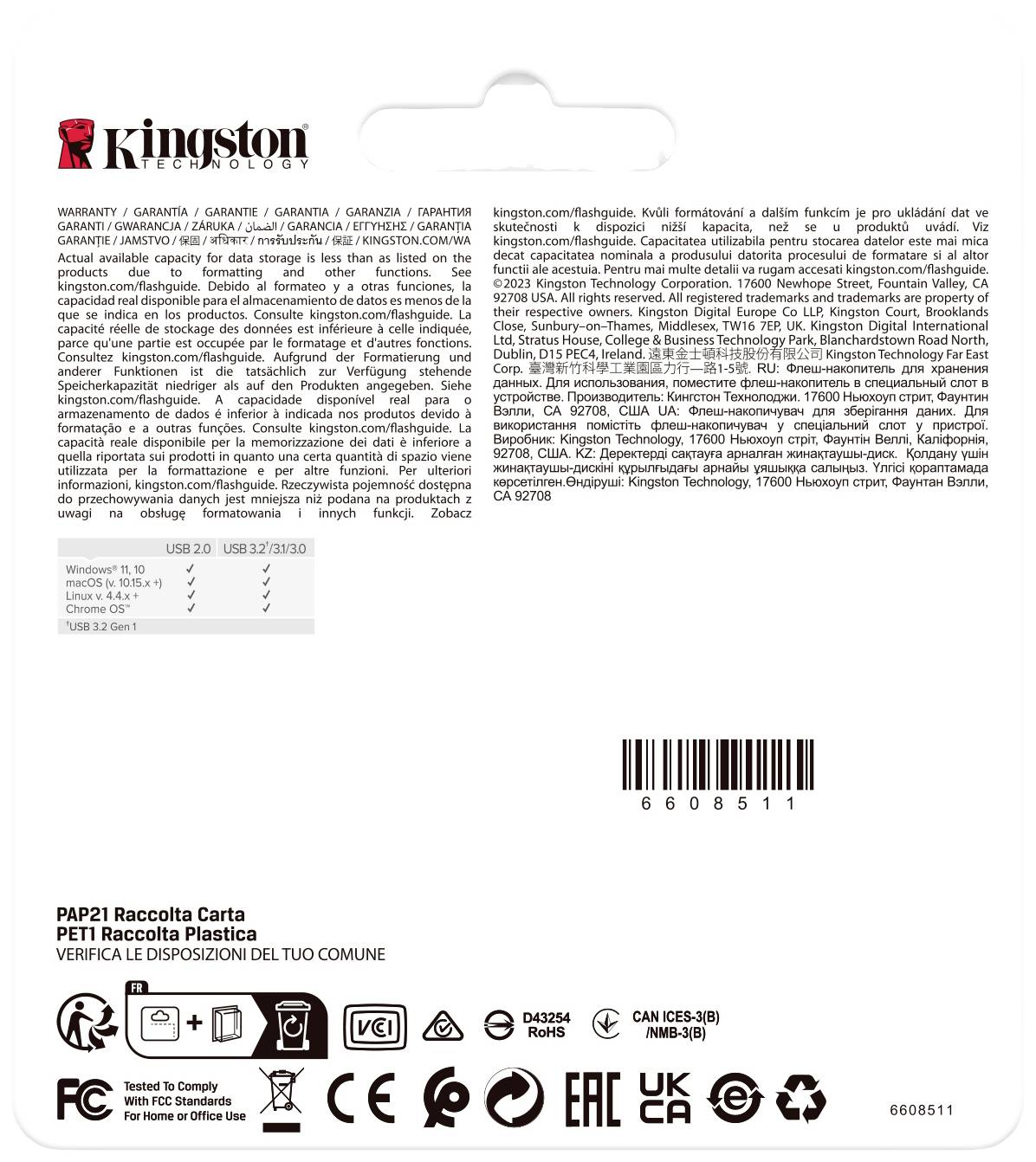 Rückseite einer Kingston USB-Verpackung mit Garantieinformationen in mehreren Sprachen, Herstellerangaben und Prüfzeichen am unteren Rand.