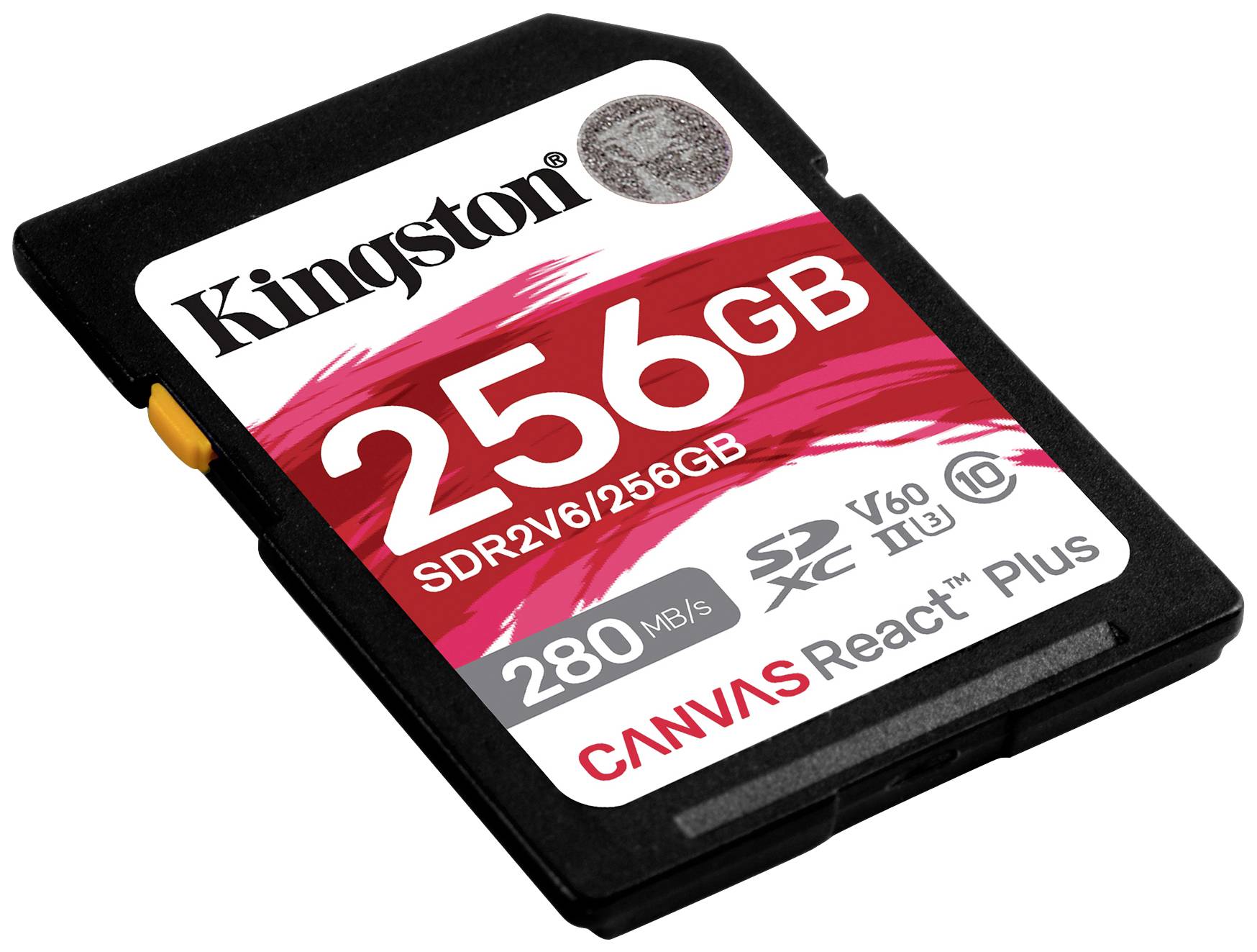 Speicherkarte mit 256 GB Kapazität, Marke Kingston. Geschwindigkeit: 280 MB/s. Typ: SDXC V60. Modell: Canvas React Plus.