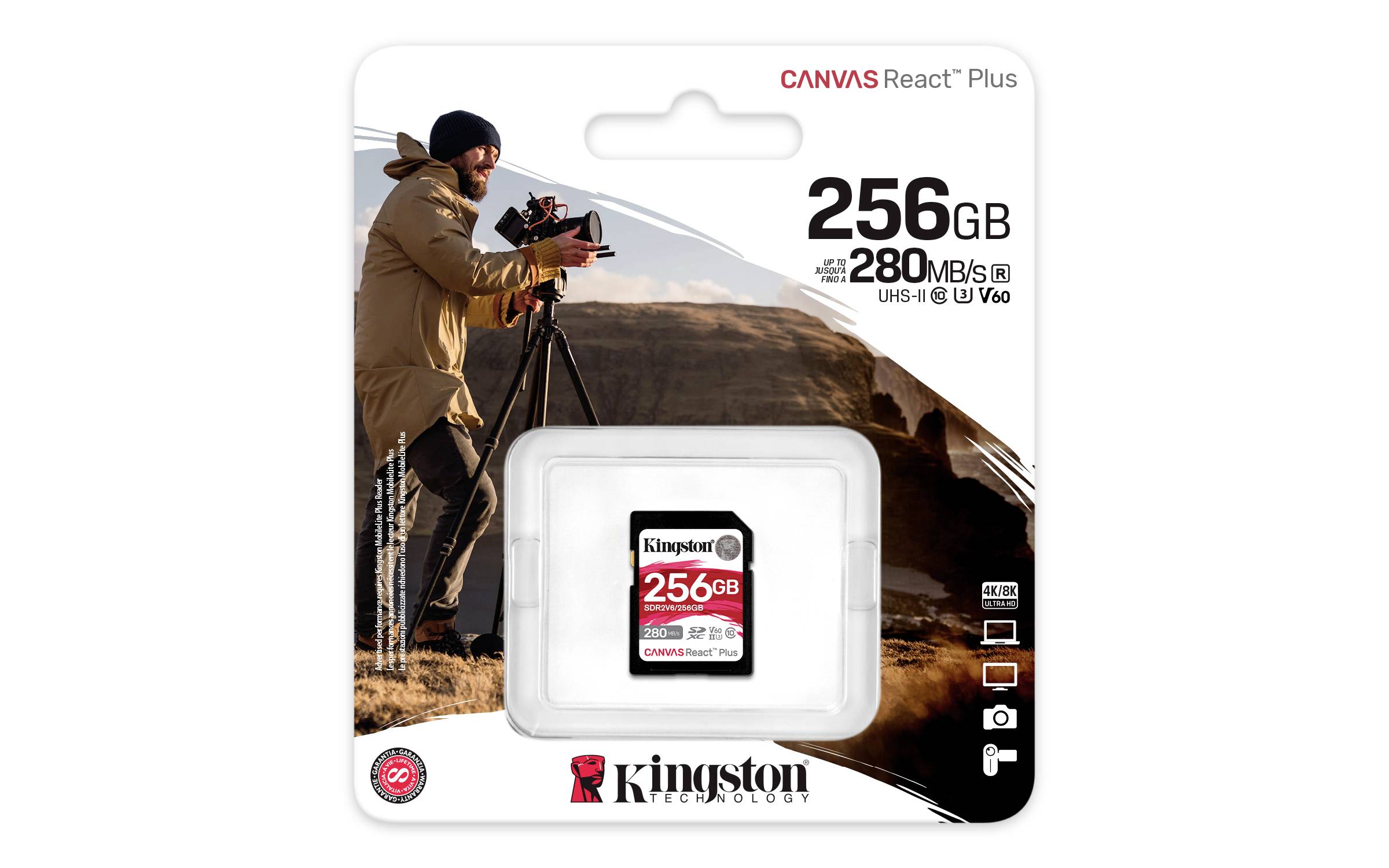 Verpackung einer Kingston 256GB SD-Karte. Enthält Spezifikationen wie 280 MB/s Geschwindigkeit. Ein Fotograf benutzt eine Kamera.