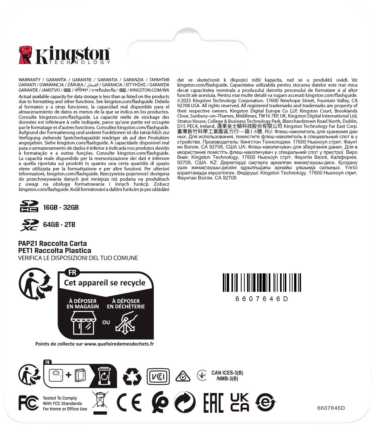 Rückseite einer Kingston-Speicherkarte-Verpackung mit Garantiehinweisen in mehreren Sprachen und Recycling-Symbolen. Enthält die Modelle und Barcodes.