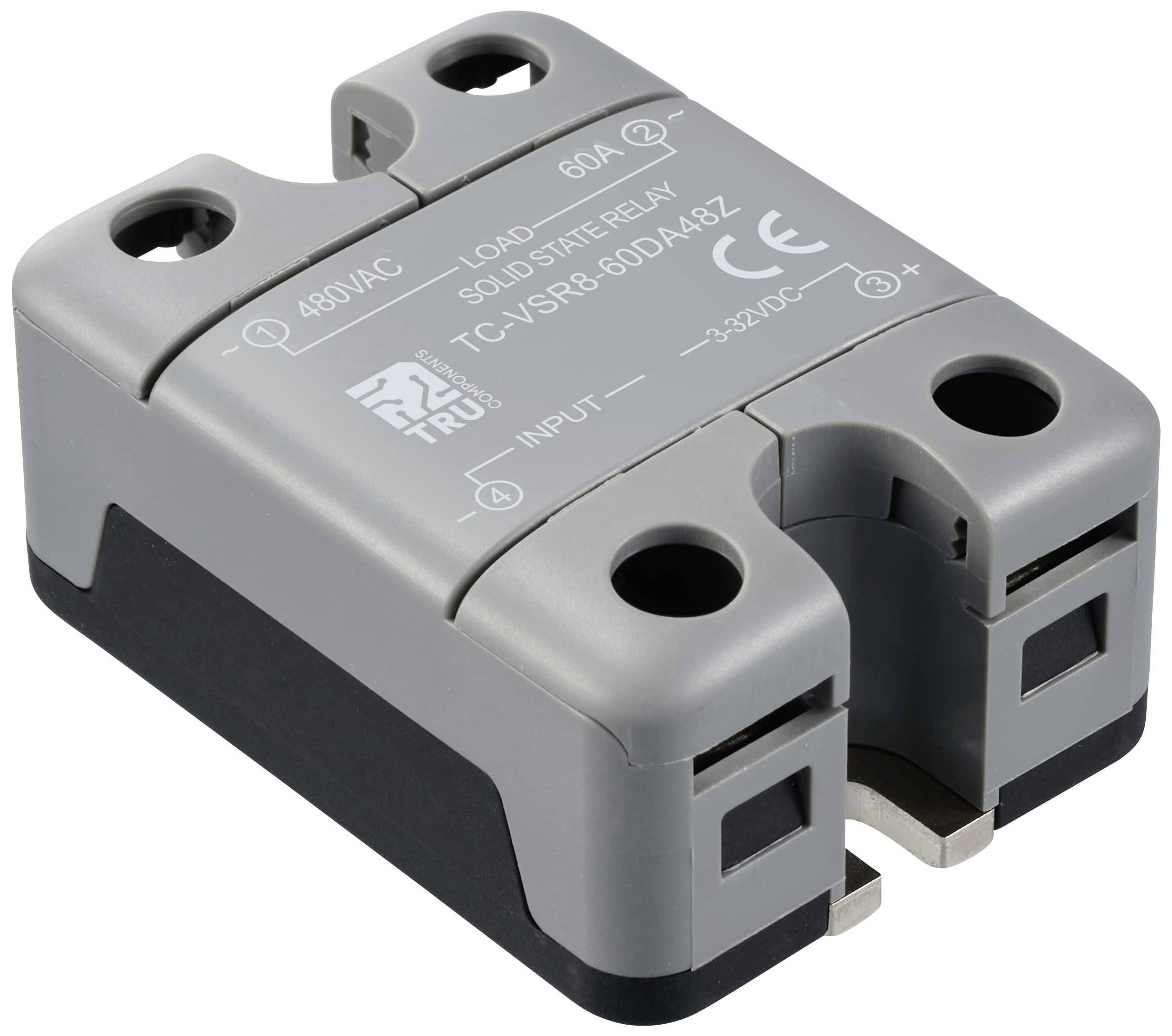 Ein graues Solid-State-Relais mit 60A Kapazität und Aufschrift '480VAC'. Anschlüsse sind deutlich sichtbar.