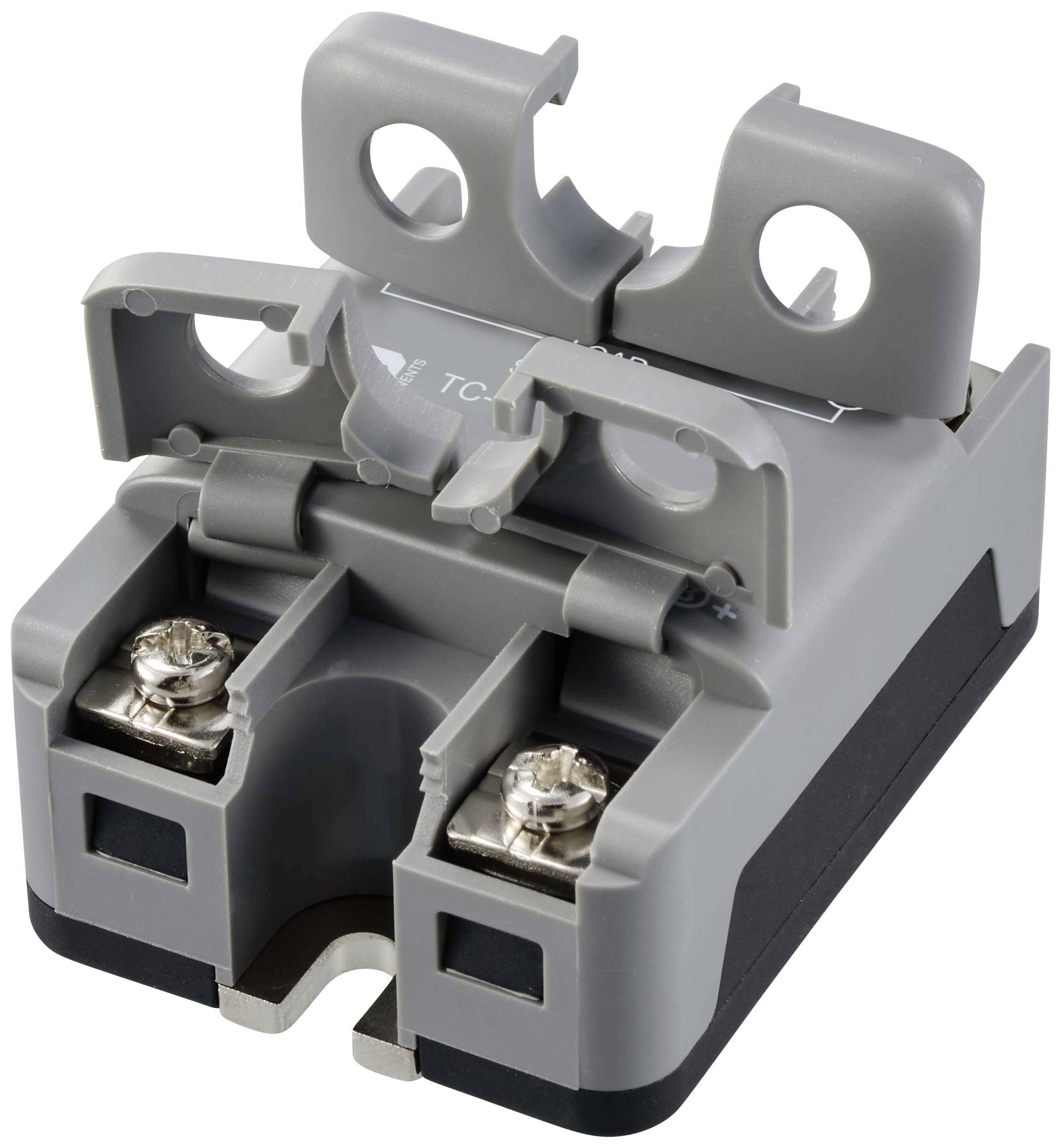 Industrie-Klemmblock aus grauem Kunststoff mit zwei Schraubklemmen und Montagemöglichkeiten. Verwendung in elektrischen Schaltungen.