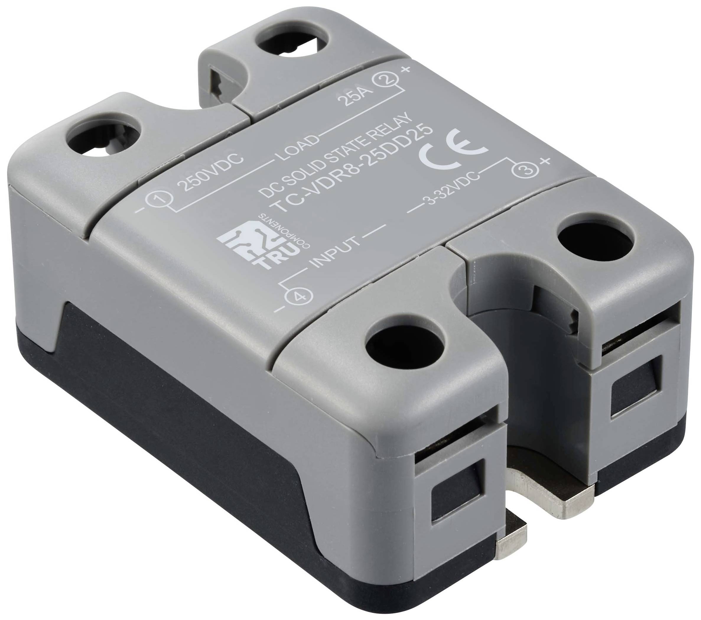 Graues Solid State Relais mit der Aufschrift '250VDC, 25A, DC Solid State Relay, TC-VDR8+250D25,' mit Eingangs- und Ausgangsanschlüssen.