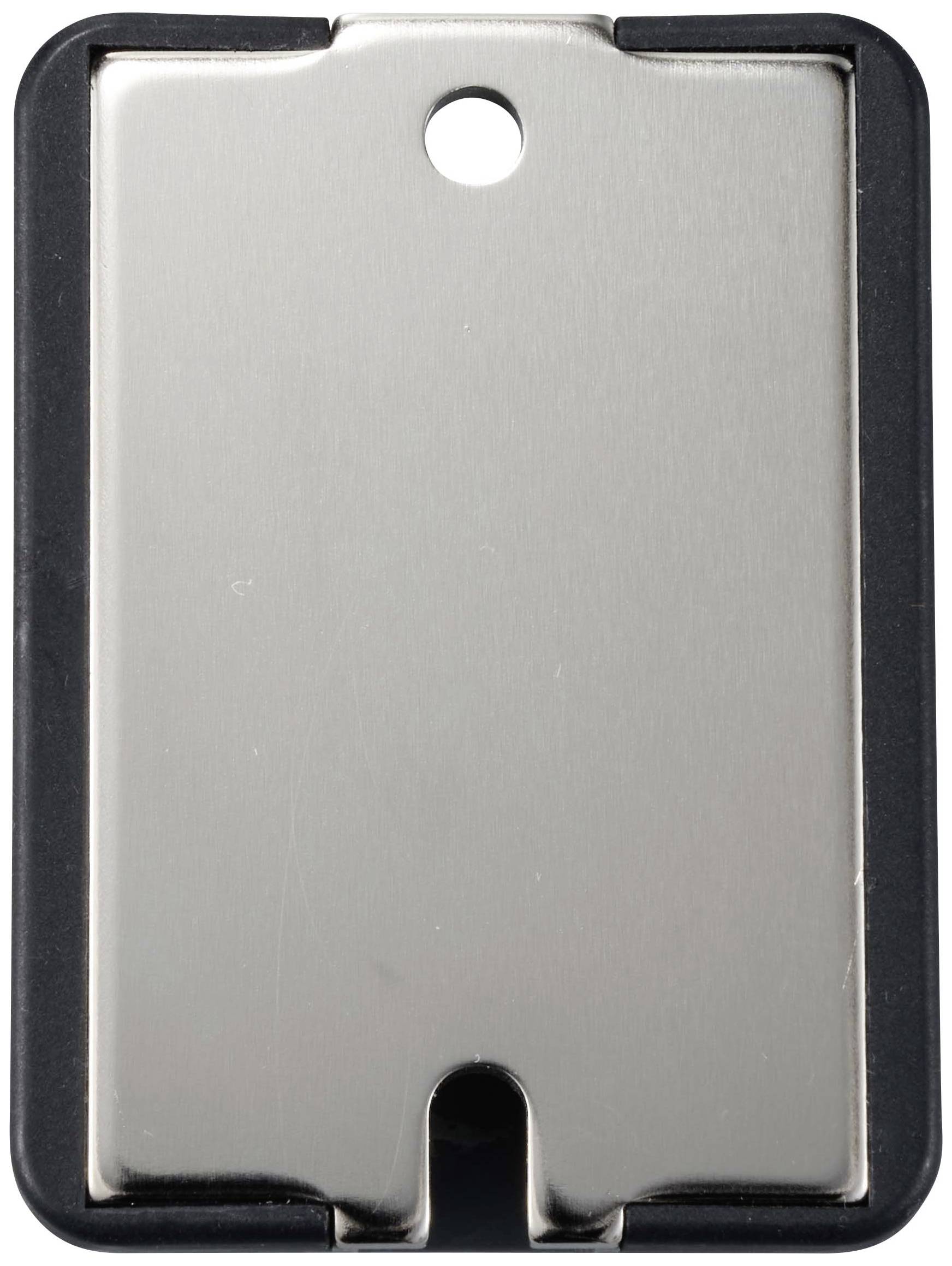 Metallische Tablettform mit runder Öffnung oben und einer unteren Einkerbung in einem schwarzen Rand.