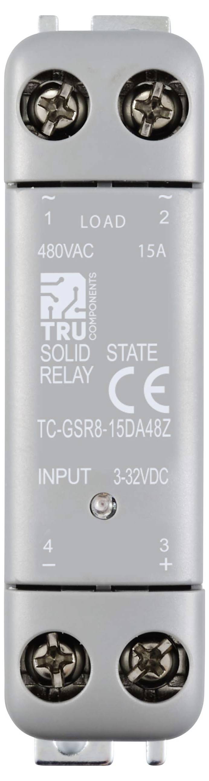 Graues Festkörperrelais mit Aufschrift '480VAC, 15A, TC-GSR8-15DA48Z, INPUT 3-32VDC'. Verwendet für elektrische Laststeuerung.